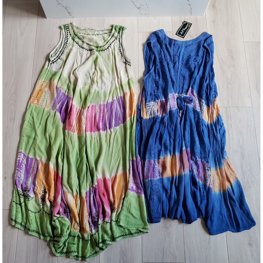 APS Dress Bundle Womens 2X Blue Green Tie Dye Embroidered Bohemian Slips
